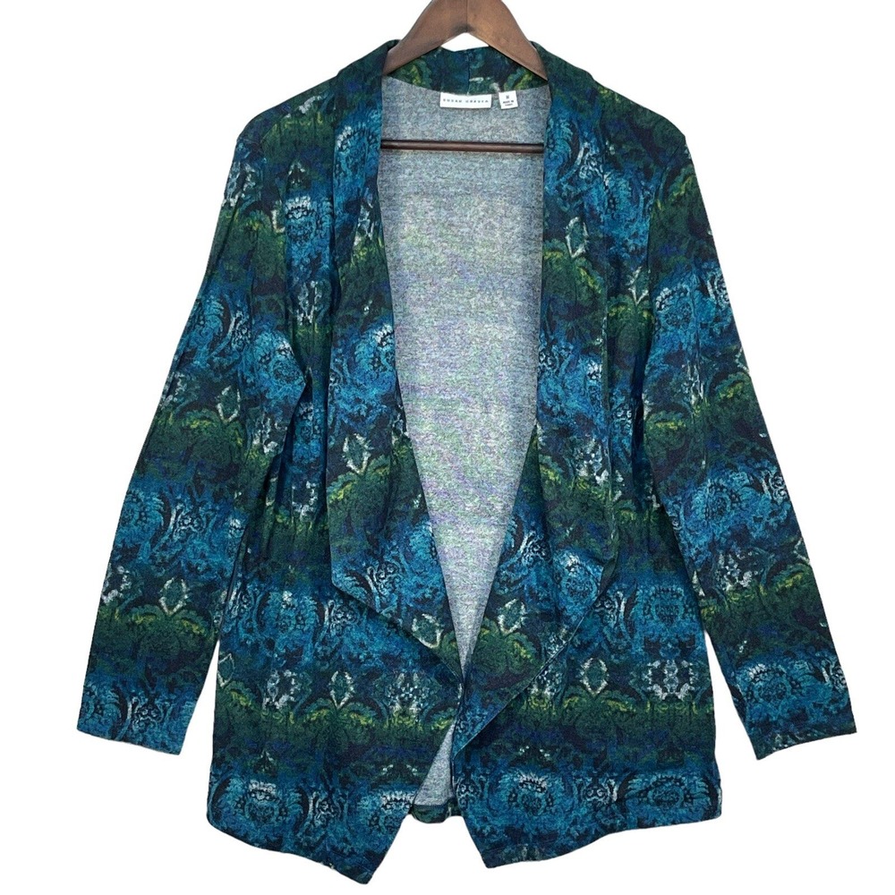 Susan Graver Cardigan Women M Blue Green Abstract Draped Shawl Collar Excellent